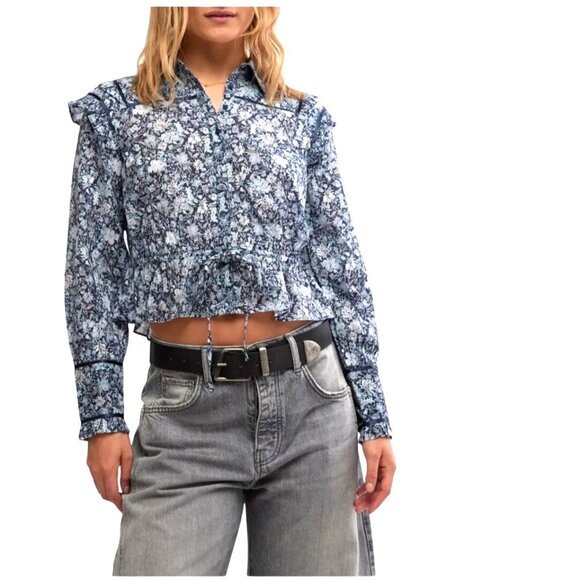 Free People Printed Daybreak Chambray Combo Blouse Floral Ruffled Cotton Small - Picture 1 of 14